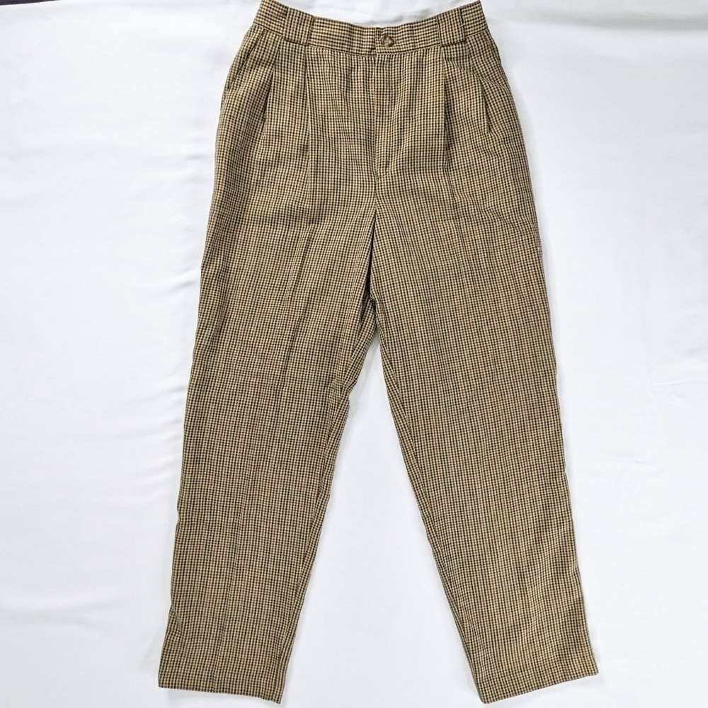 VTG Tan Blue Houndstooth Pleated High Rise Tapered Leg Trousers Academia Revival